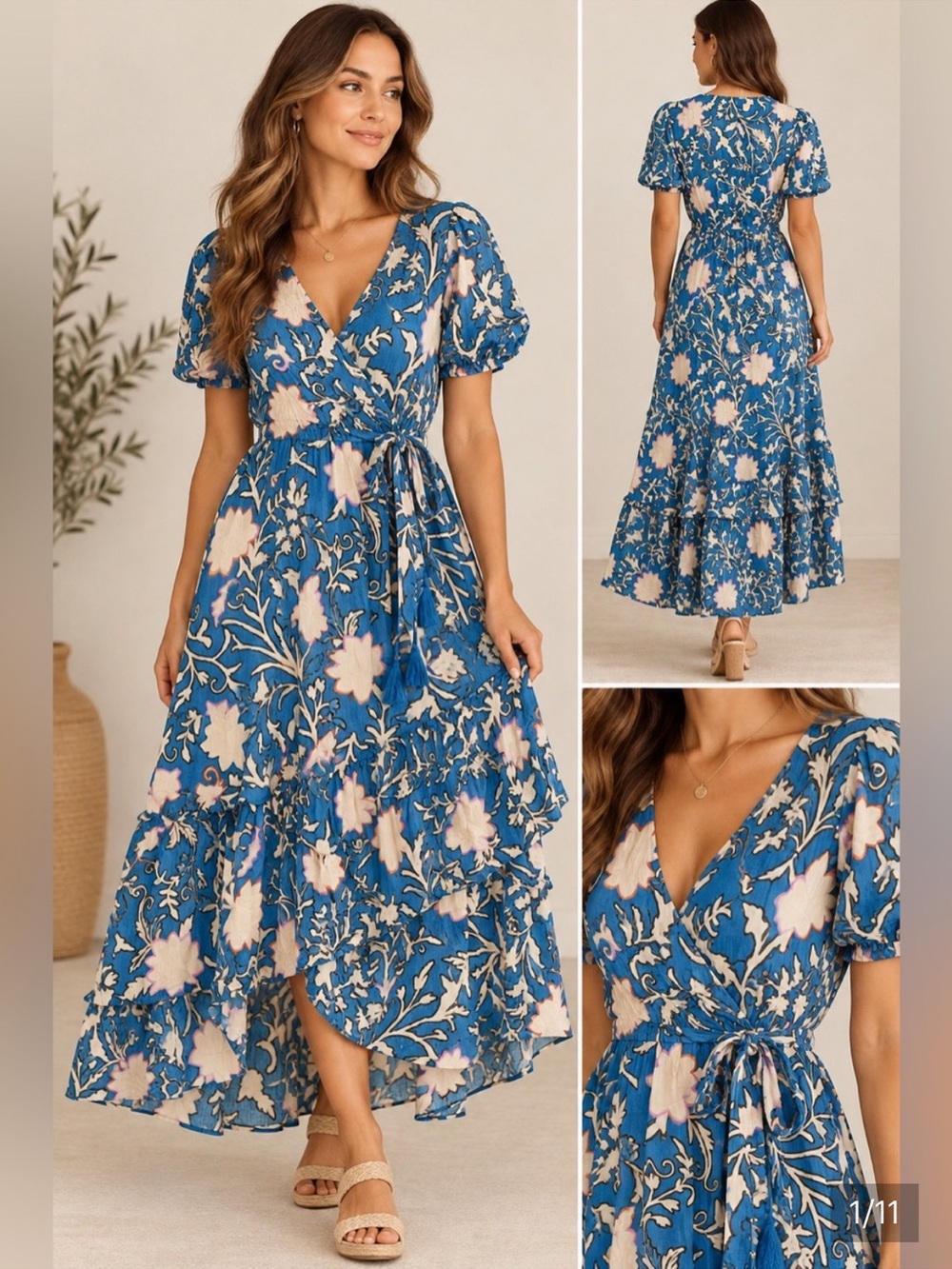 Knox Rose Blue Floral Wrap Tiered Puff Sleeve Maxi Dress Large